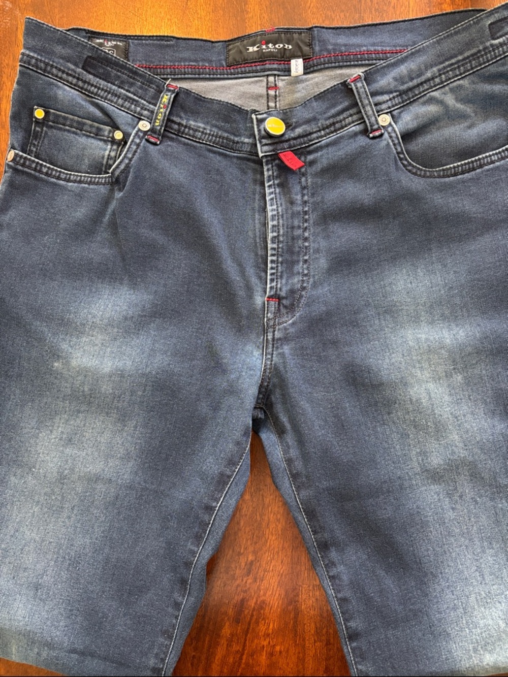 KITON Men's Blue Slim Straight Jeans with Subtle Fade Sz 36